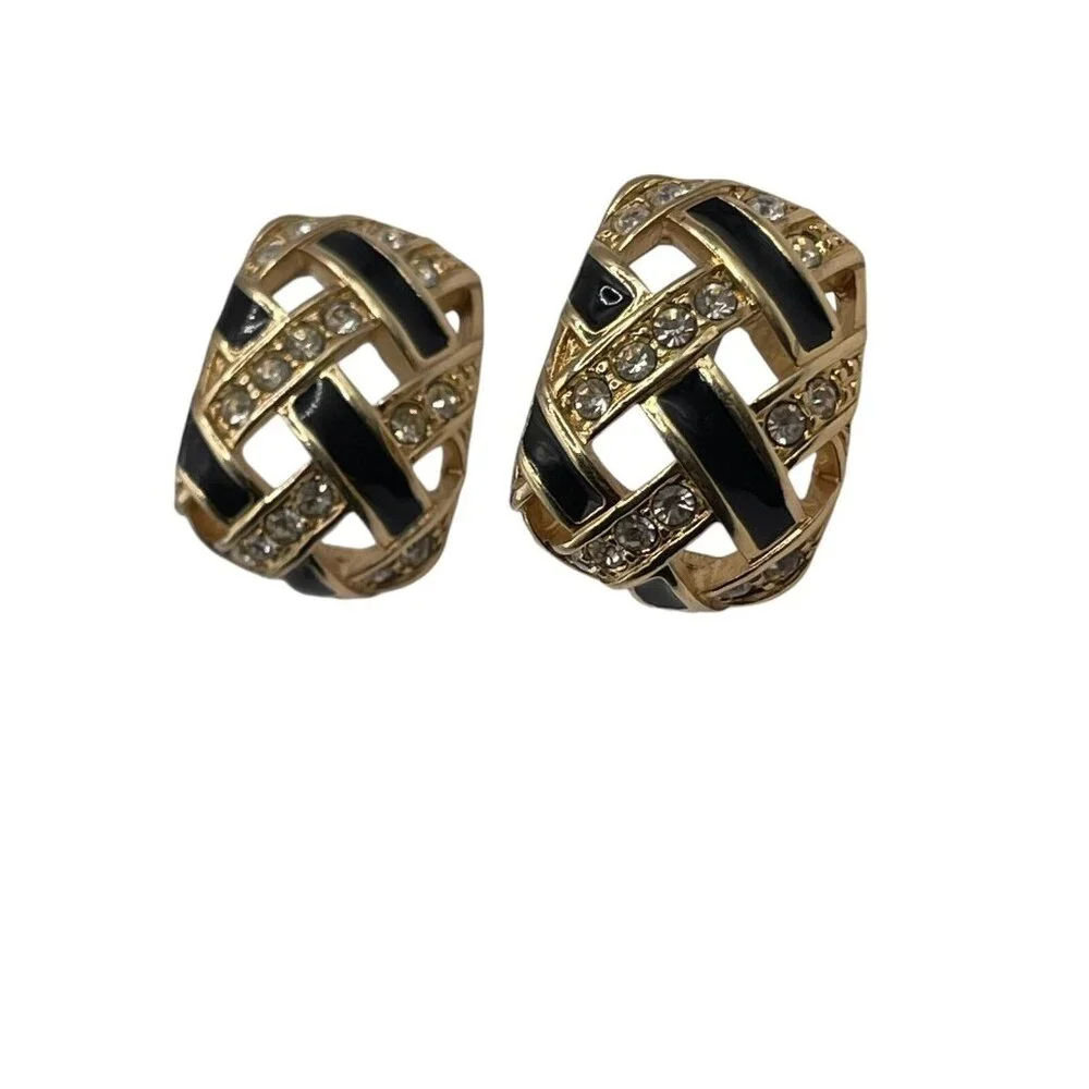 Pierced Earrings-Authentic‎ Swan Stamped Swarovski-Gold/Black-Rhinestone Weave